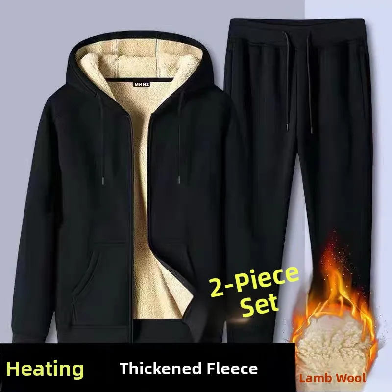 

Men's Autumn Winter Thiened Fce Hoodie Sweatirt Set Casual Long Pants Warm Anti-Cold Two-Piece Set Youth Long Sve