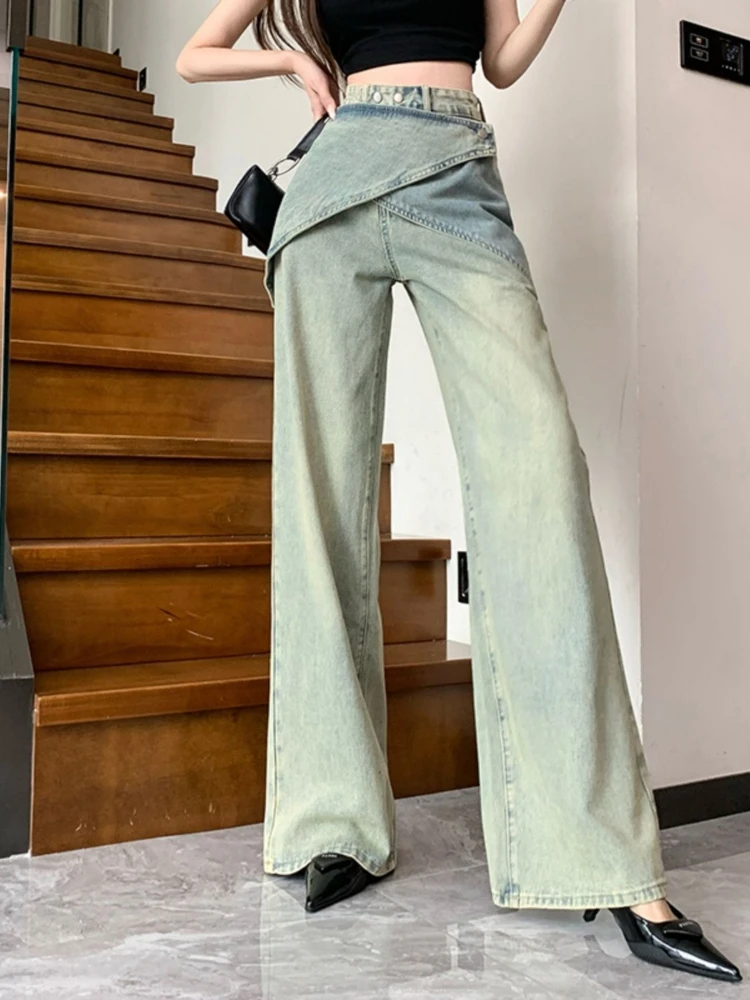 

Women's American Vintage Distressed Straight Leg Jeans with Asymmetric Layered Design Wide Long Cut for Trendy Fashion Outfits
