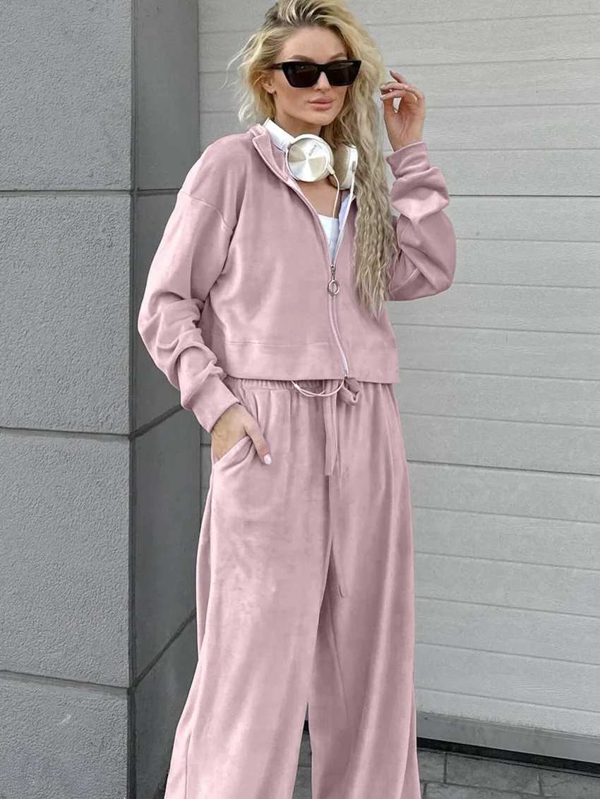 

Velvet lapel long sleeve trousers loose hoodie set 2024 autumn and winter fashion new women's two-piece set