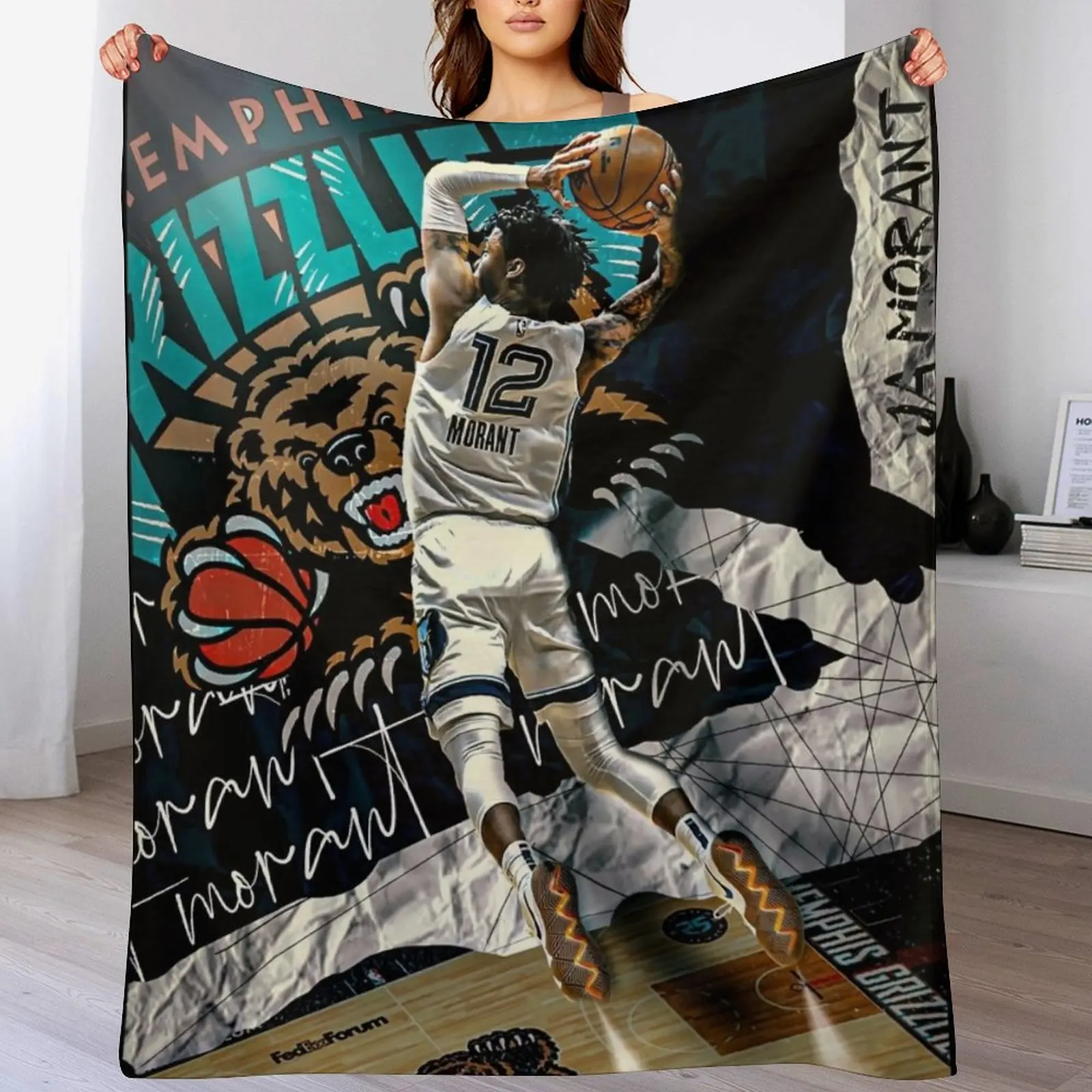 Ja Morant 12 Posterized Dunk Throw Blanket Heavy Decorative Beds Plaid Blankets