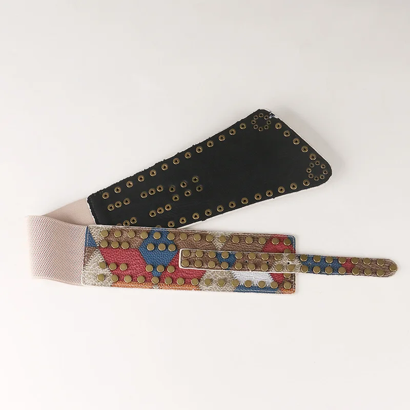Dames klinknagel lederen balpatroon retro mode riemen voor vrouwen taille decoratieve elasticiteit gordel buikband op jurk jas