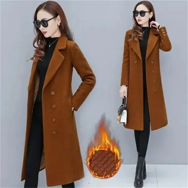 Female Woolen Coat Velvet 2023 Women's Double-Breasted Woolen Coat Spring and Autumn Woolen Coat Fashion Suit Collar ThickTrench