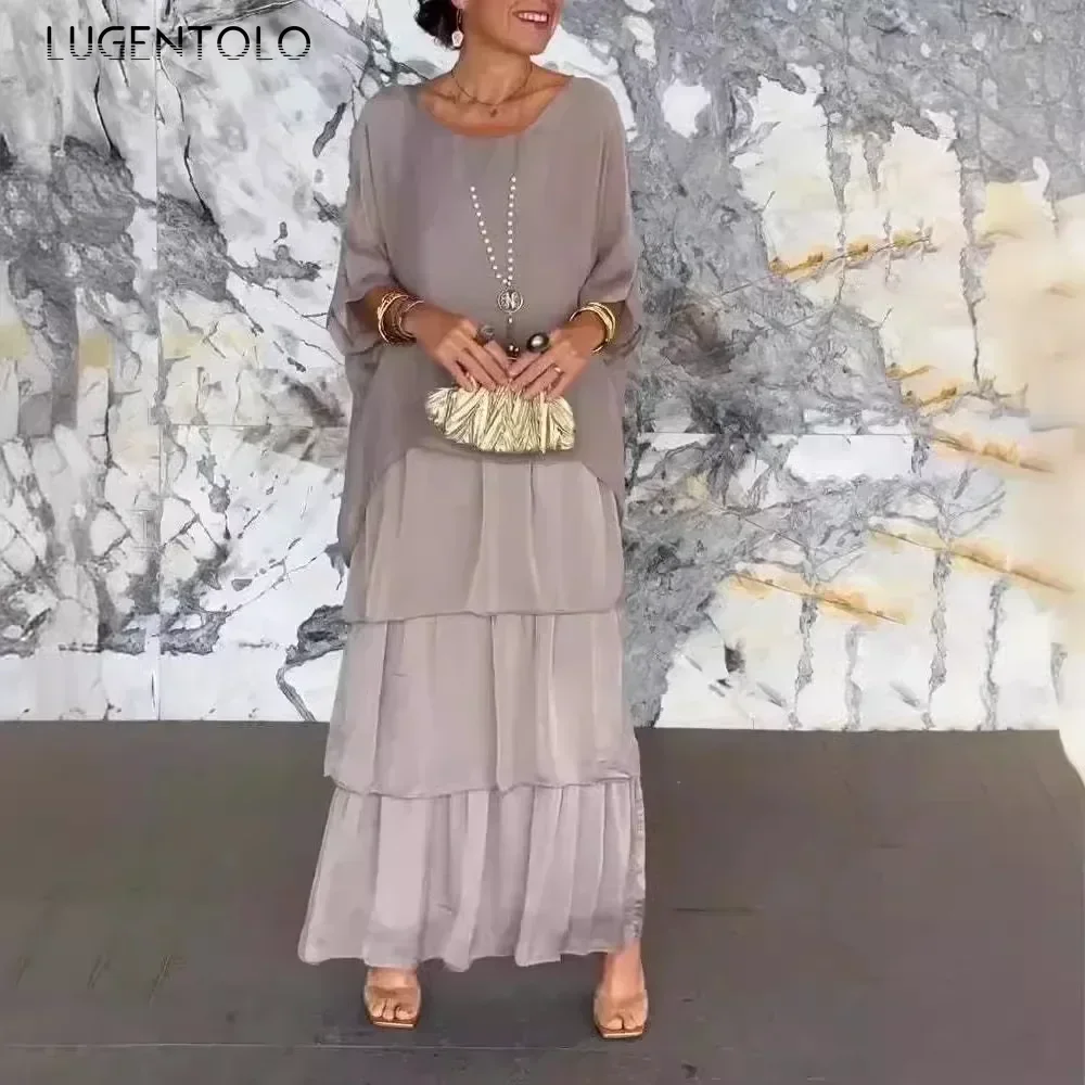 فستان شيفون نسائي بأكمام واسعة ورقبة دائرية صيفية فضفاضة غير رسمية بلوفر نسائي كبير سوينغ بسيط كشكش قماش طويل متاح 4XL