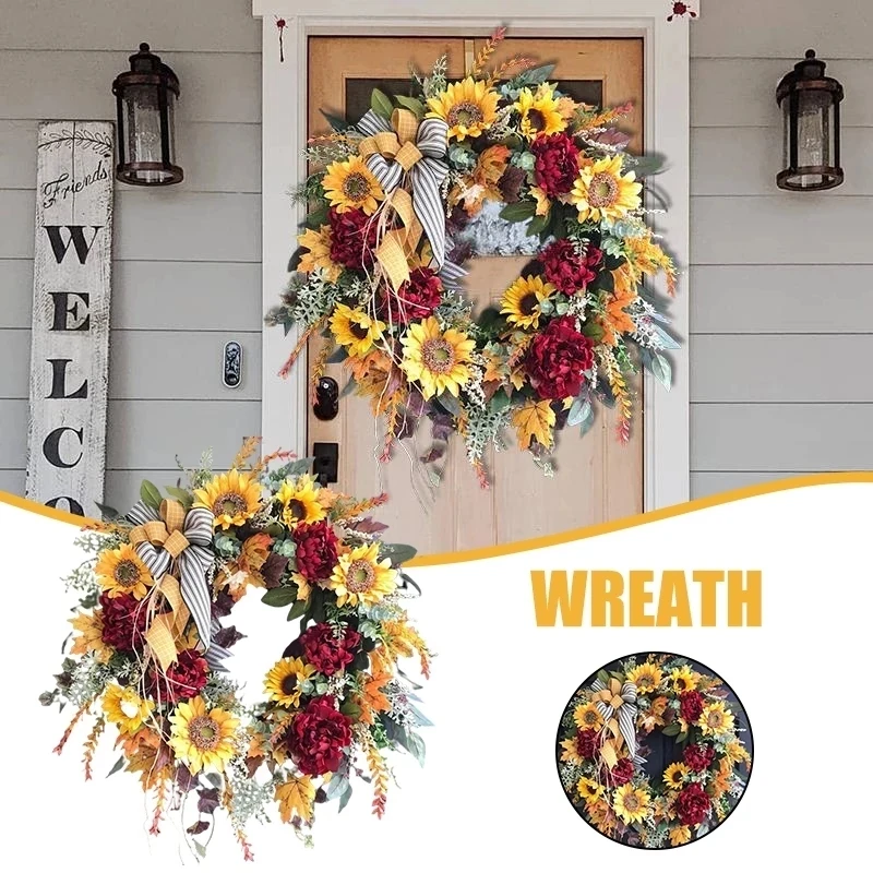 1PC Sunflower Wreath Country French Wreath Fake Flower Welcome Sign Garland Hanging Front Door Decor for Home Party 40cm