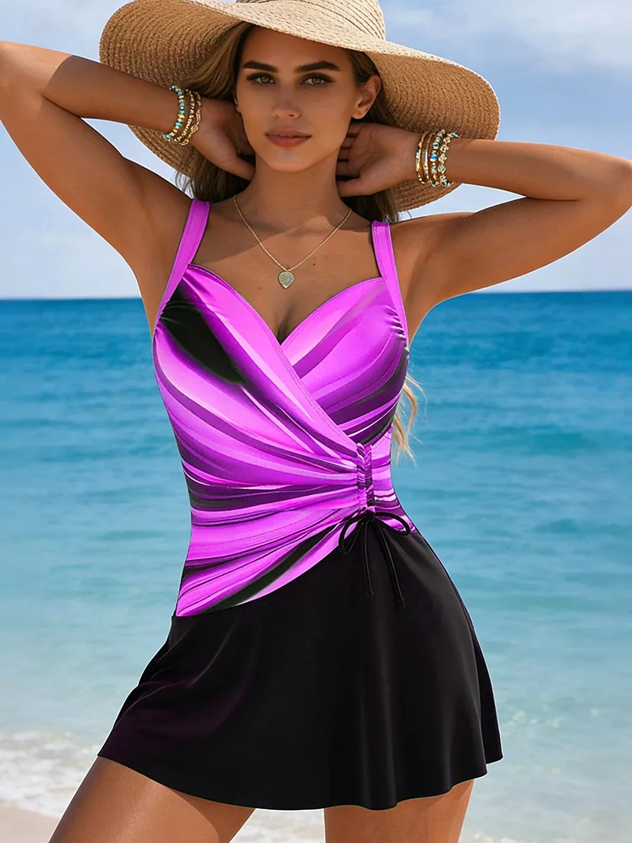 Skirted Drawstring Gradient Bikini Set 2026 Women's Tummy Control Swimwear Sexy One Piece Skirt Rompers Swimsuit Beach Outfits