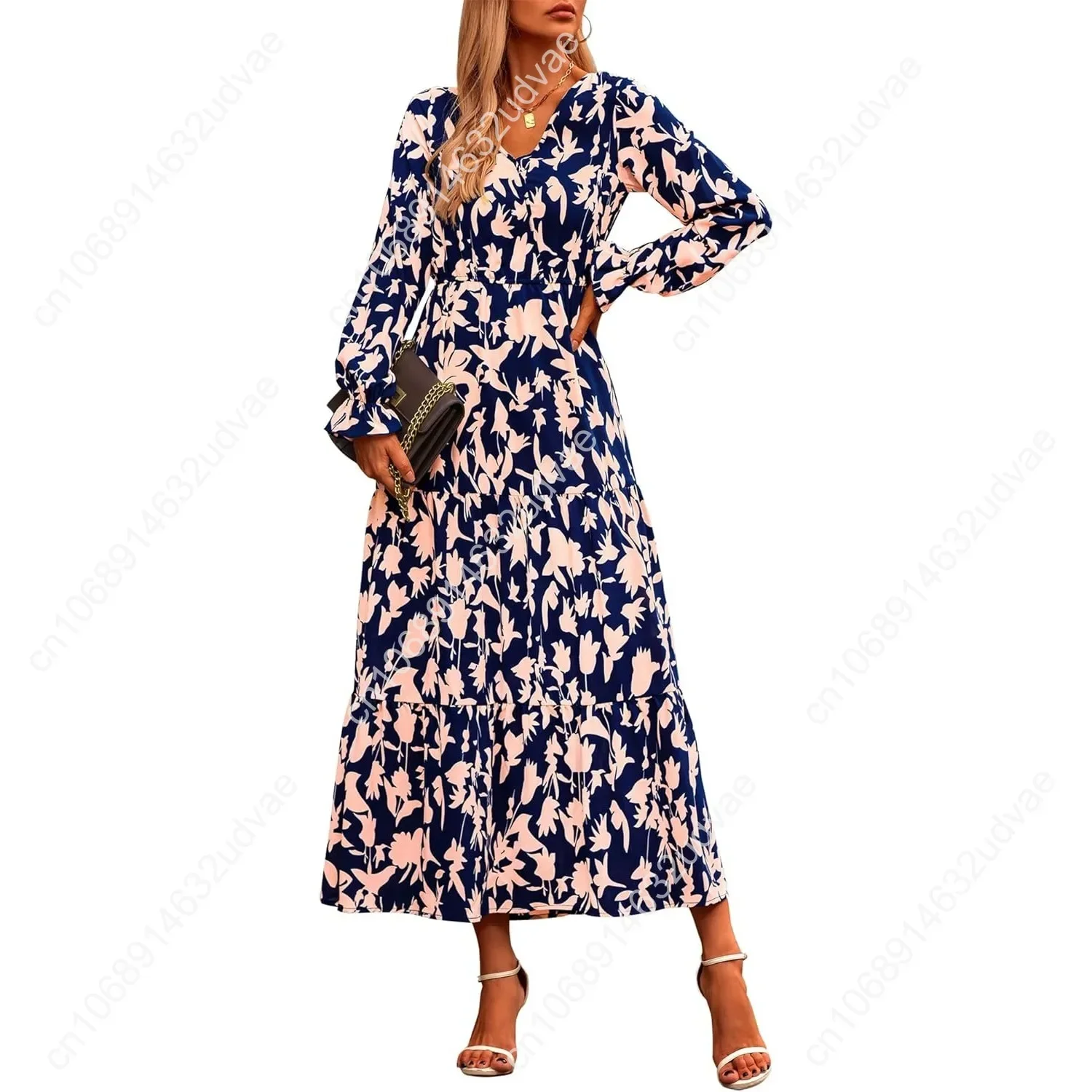 

2025 Fall Dresses Boho Maxi Dress Women's Casual Long Sleeve V Neck Floral Dresses Wedding Guest Dress