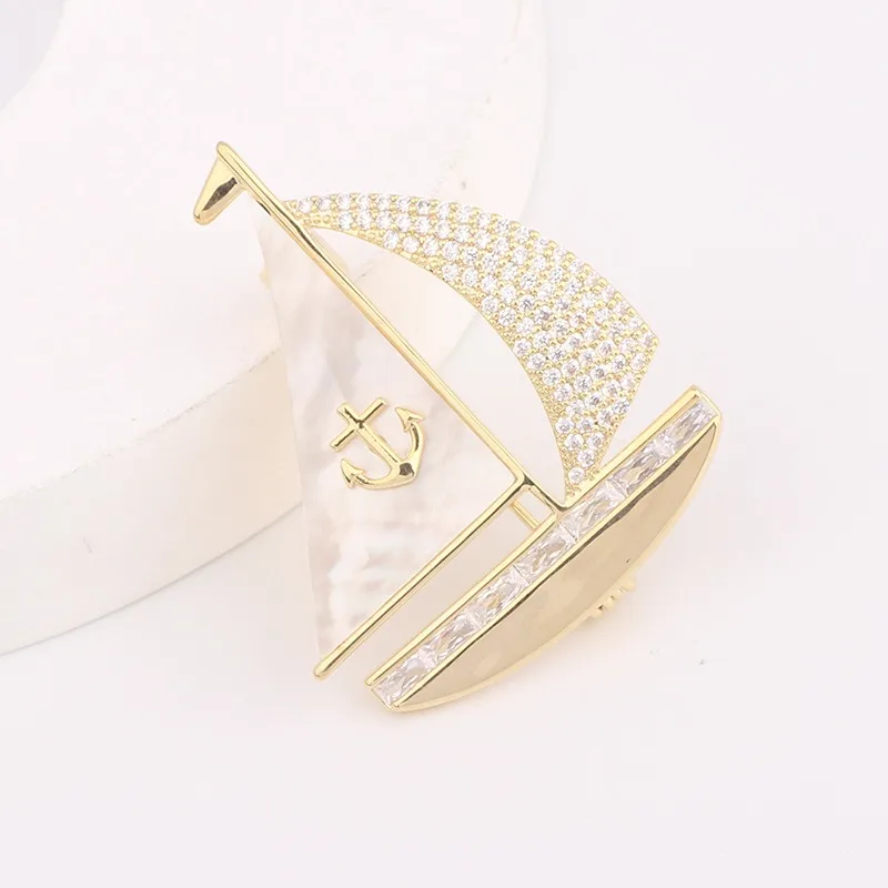 Korean Fashion Suit Decoration Mother Shell Zircon Inlaid Senior Pin Smooth Sailing Creative Design Sailing Brooch