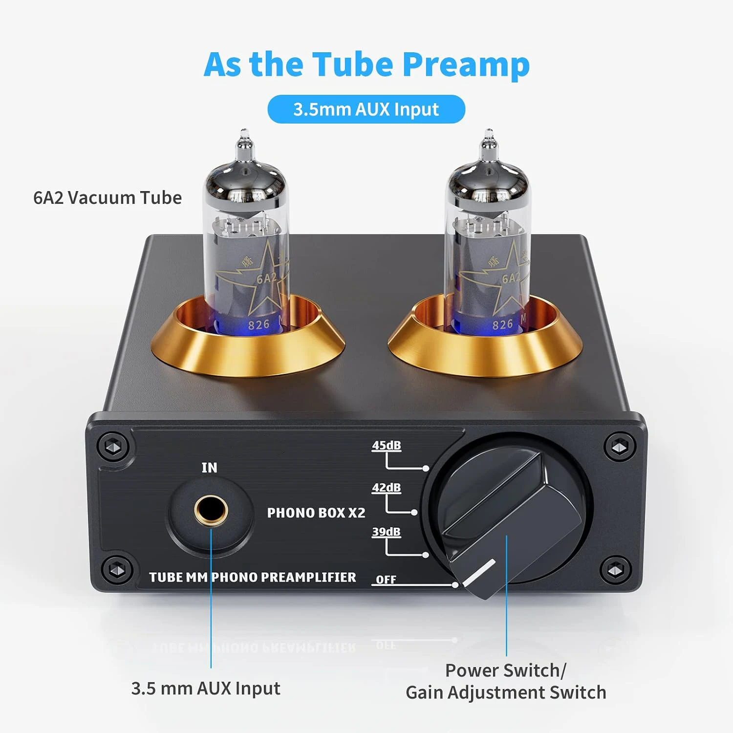 Box X2 Phono Preamp for MM Turntable Phonograph Preamplifier with Gain Gear Mini Stereo Audio Hi-Fi Pre-Amplifier for Record Pla