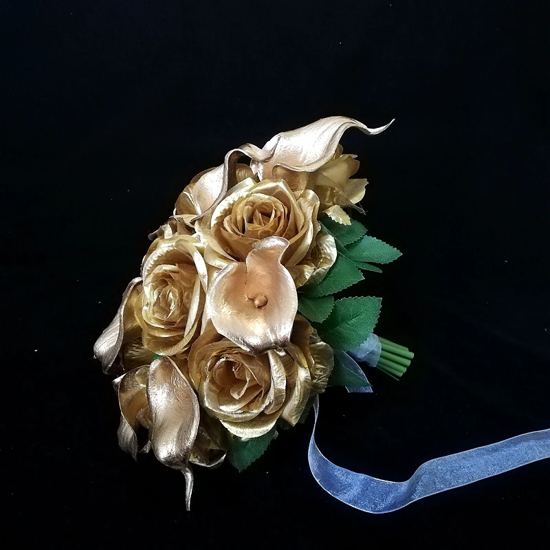 Ramo de flores de boda, colección de rosas doradas, lirios de Cala dorados brillantes, bodas, eventos, accesorios de boda, 2023