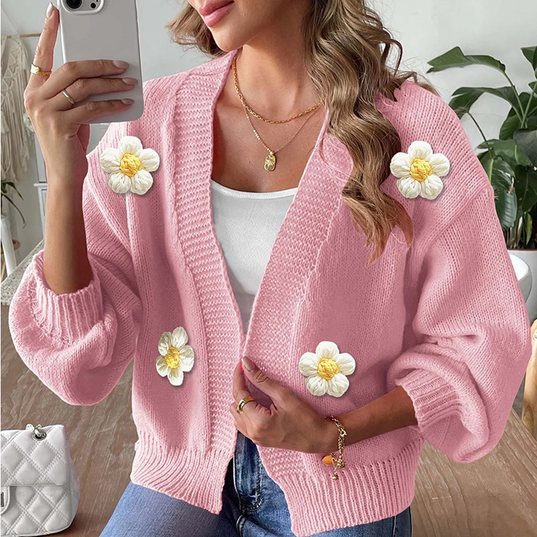 Cárdigan de punto floral 3D con margaritas para mujer, cuello en V, frente abierto, manga larga abullonada, holgado y corto