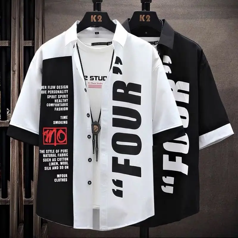 Men's Short-Sleeve Shirt 2025 Summer Five-Quarter Sleeve Japanese Street Brand Shirt Teenagers Punk Handsome