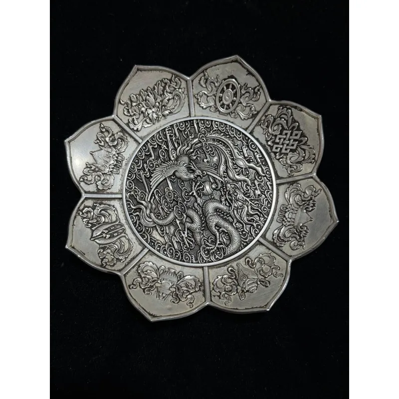 Manufacturer direct sales: silver petal-shaped plates, dragon and phoenix eight treasures, film and television props, and decora