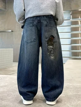 Boys Embroidered Straight Jeans 3 Boy's Loose-Fit Trendy Rear Pocket Embroidered Design Denim Straight-Leg Pants, Comfortable Stretch Elastic Waist. 3