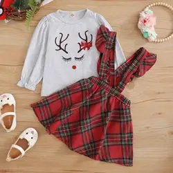 Christmas Days Girls' Clothes Set Cute Deer Print Top and Plaid Suspender Skirt 2Pcs Children's Outfit New Year's Girls Clothing