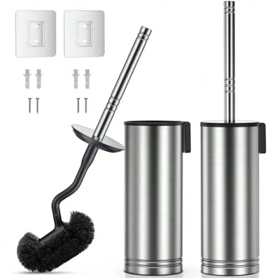 

304 Stainless Steel Rustproof Toilet Scrubber With Under Rim Deep Cleaning Curved Bristle - Bathroom Cleaner Brush For Renters Homeowners Family Silver Pack