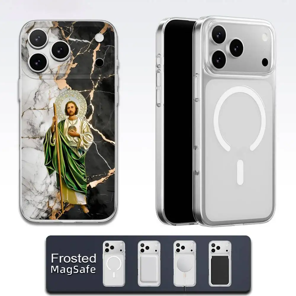 Custodia per telefono Marble San Judas Tadeo per iPhone 17,16,15,14,13,12,11,Pro,Max,Plus,E,Air,Mini Magsafe satinato trasparente