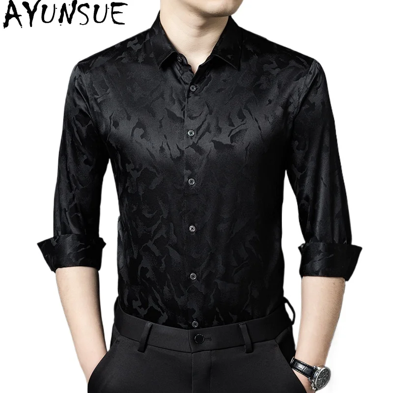 

AYUNSUE 90.8% Real Mulberry Silk Shirts for Men 2026 Summer Top Long Sleeve Shirts Man Clothing Silk Satin Black Shirt Fashion
