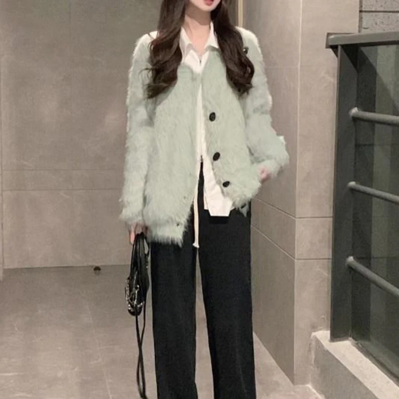 Women Korean Fashion Elegant Imitation Mink Cashmere Soft Knitted Cardigan New Winter V Neck Long Sleeve Loose Chic Sweater Coat