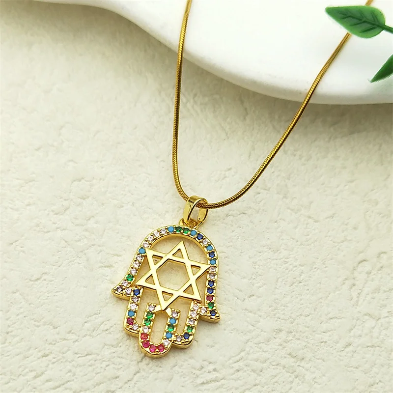 Bunte Kristall-Davidstern-Hamsa-Hand-Kupferanhänger-Halsketten für Damen, Edelstahl-Fatima-Hand-Amulett-Schmuckgeschenk ﻿ – Detail 4