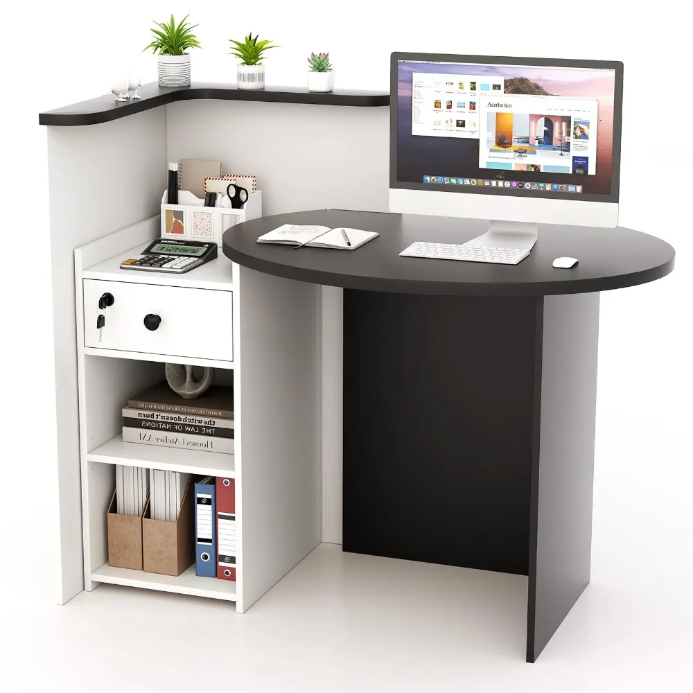 Reception Desk, Small Retail Checkout Counter with Lockable Drawer and Open Shelves, Wooden Computer Workstation for