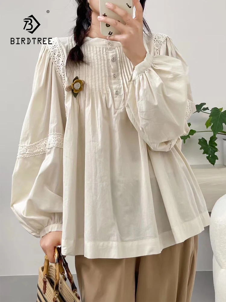 

Новая весенняя хлопковая рубашка с длинным рукавом 2025, женские топы с кружевными оборками и круглым вырезом, французская милая повседневная свободная блузка Mori Girl T51536CC