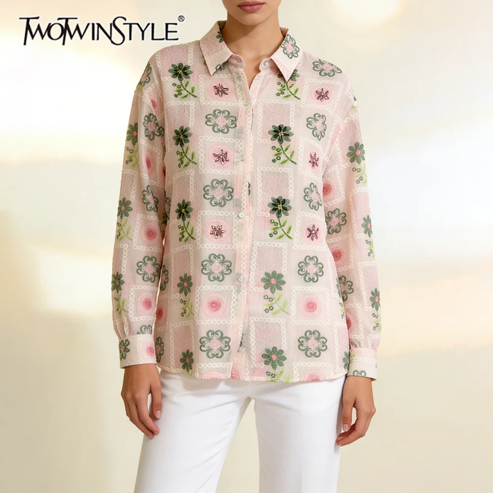 

TWOTWINSTYLE Hit Color Spliced Embroidery Shirt Female Lapel Long Sleeve Loose Vintage Casual Women's Shirts Autumn Fashion New