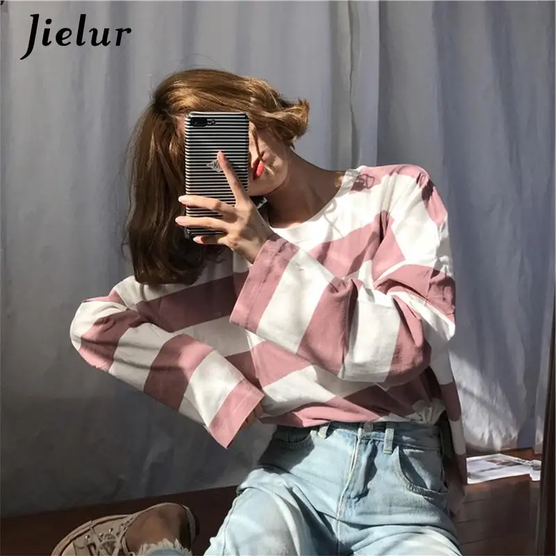 Jielur Harajuku Women Long Sleeve T-Shirts Korean Stripe Autumn Ulzzang Kawaii Pink Blue Black Basic Tee Casual Tops M-XXL Size