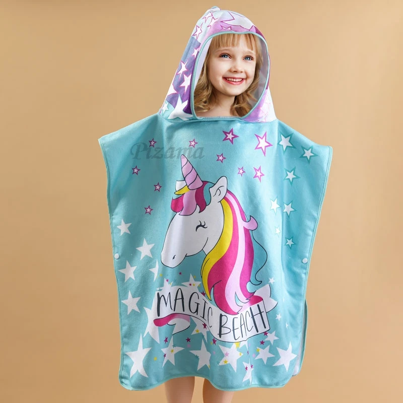 Toddler Baby Girls Unicorn Bathrobes Blue Star Print Wrap Beach Towels Quick Dry Soft Comfortable Kids Hooded Bathrobe Towels