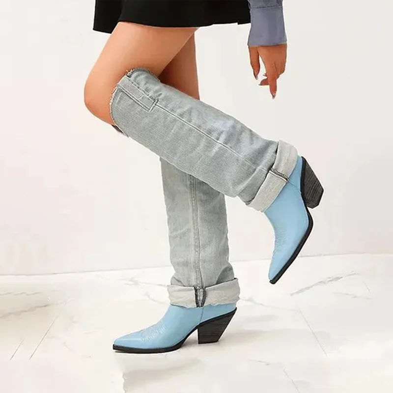 New Winter Denim Stitching Knee High Boots 2022 Sexy Pointed Toe Chunky Heel Pleated Sewing Cowboy Boots Casual Party Women Shoe