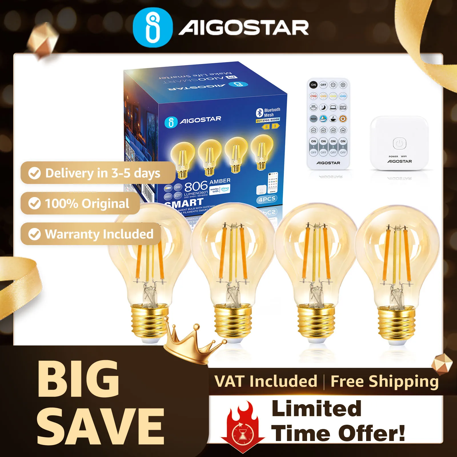 Aigostar Mesh Bombilla LED Inteligente Bluetooth A60 6W E27 | Filamento Vintage, Luz Regulable 2700K-6500K (Cálida a Fría), Compatible con Alexa y Google Home, Sin Gateway, Control por Voz y App