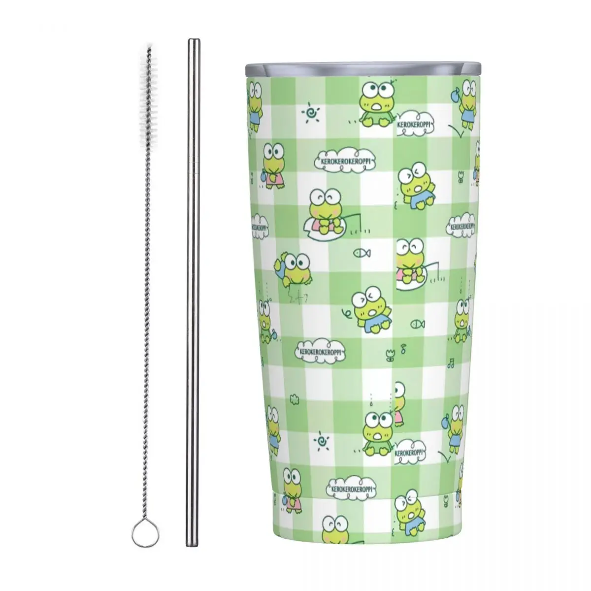 Stainless Steel Tumbler Keroppi Big-Eyed Frog In Lattice Thermal Mug Leakproof Cold Drink Car Mugs Travel Design Water Bottle