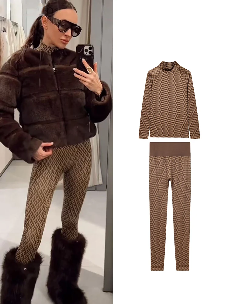

TFMLN Зимний теплый комплект из двух предметов для женщин, модная водолазка в стиле ретро с длинным рукавом и принтом, облегающие брюки, повседневный простой женский костюм