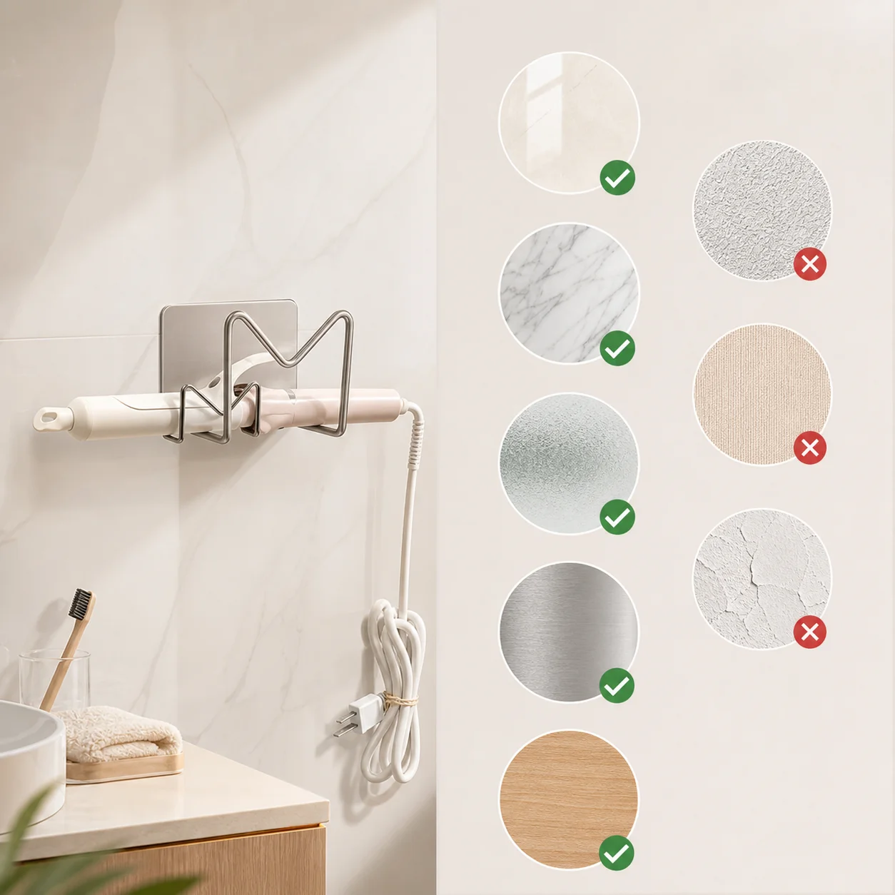 Non-Punching Wall Mounted Storage Rack Stainless Steel Adhesive Holder for Hair Straightener Curler Beauty Tools Space Saving