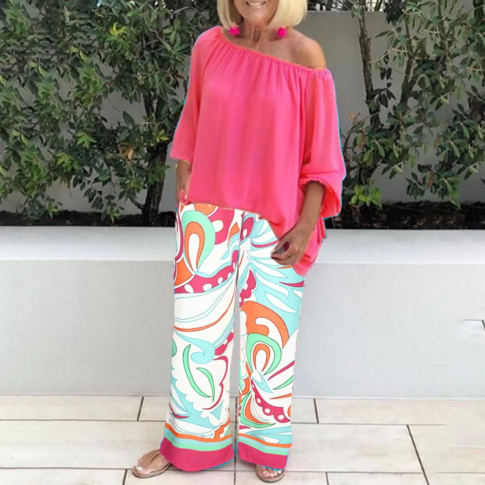 

Женский Повседневный комплект из двух предметов, Свободный Топ на одно плечо с длинным рукавом, блузка с принтом и широкие брюки, простые комплекты, пляжные костюмы для ленивых