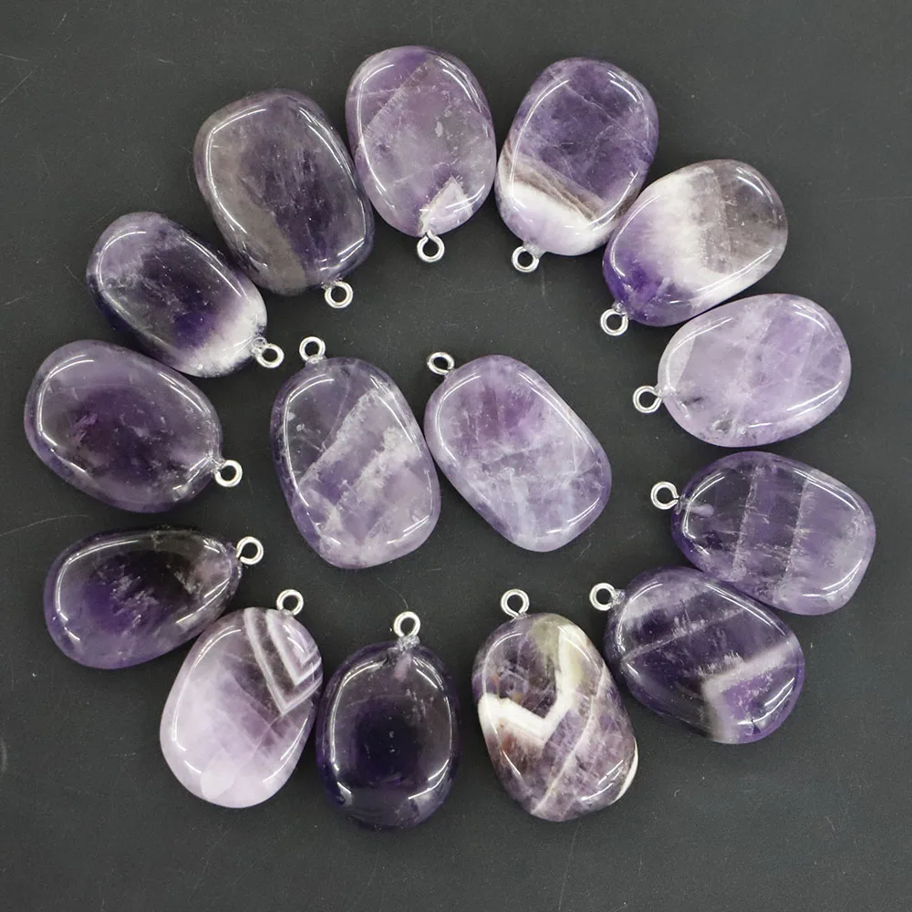 Selling Natural Stone Oval Shape Amethysts Necklace Pendant Purple Crystal Charm Diy Fashion Jewelry Accessories Wholesale 12Pcs