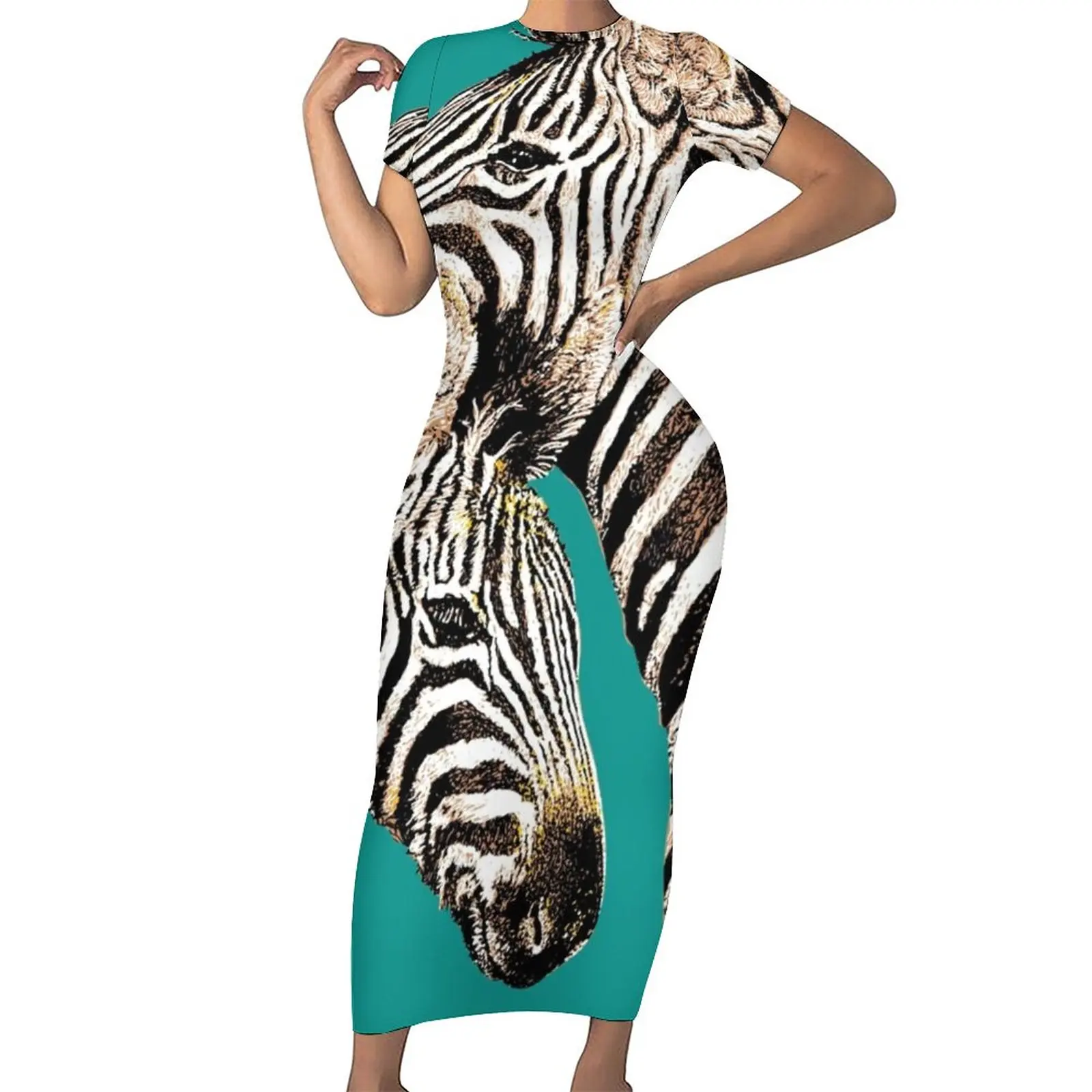 Ink Drawing of Zebra Art Dress Short Sleeve African Wild Animals Trendy Maxi Dresses Aesthetic Design Bodycon Dress Big Size