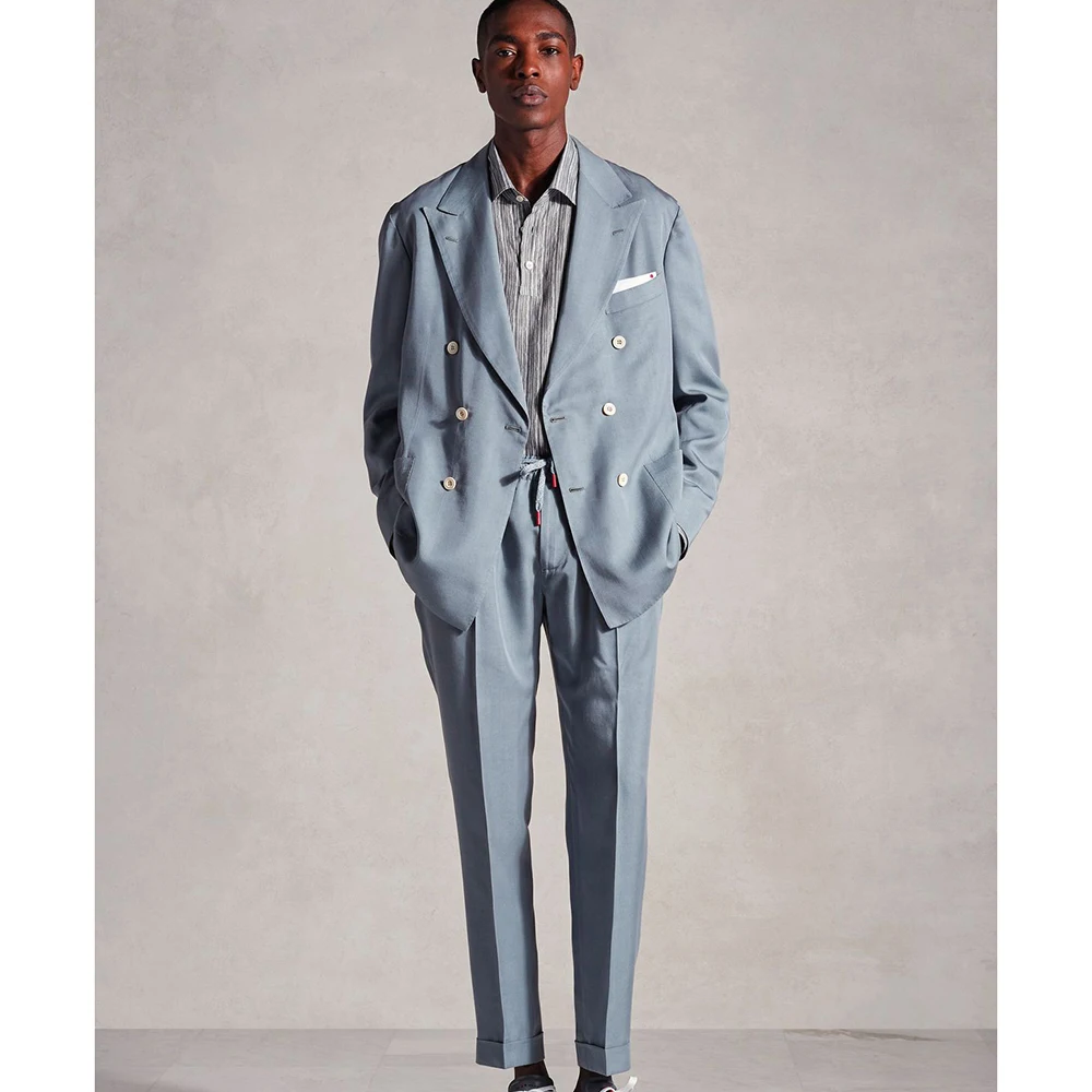 

Повседневный светло-голубой двубортный мужской костюм, комплект из 2-х предметов, куртка и брюки, свободный крой с лацканами, официальная офисная повседневная мужская одежда