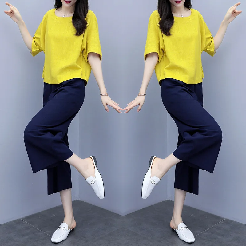 Ensemble 2 pièces en coton et lin pour femme, haut uni et pantalon large, tenue décontractée, nouvelle collection été 2024