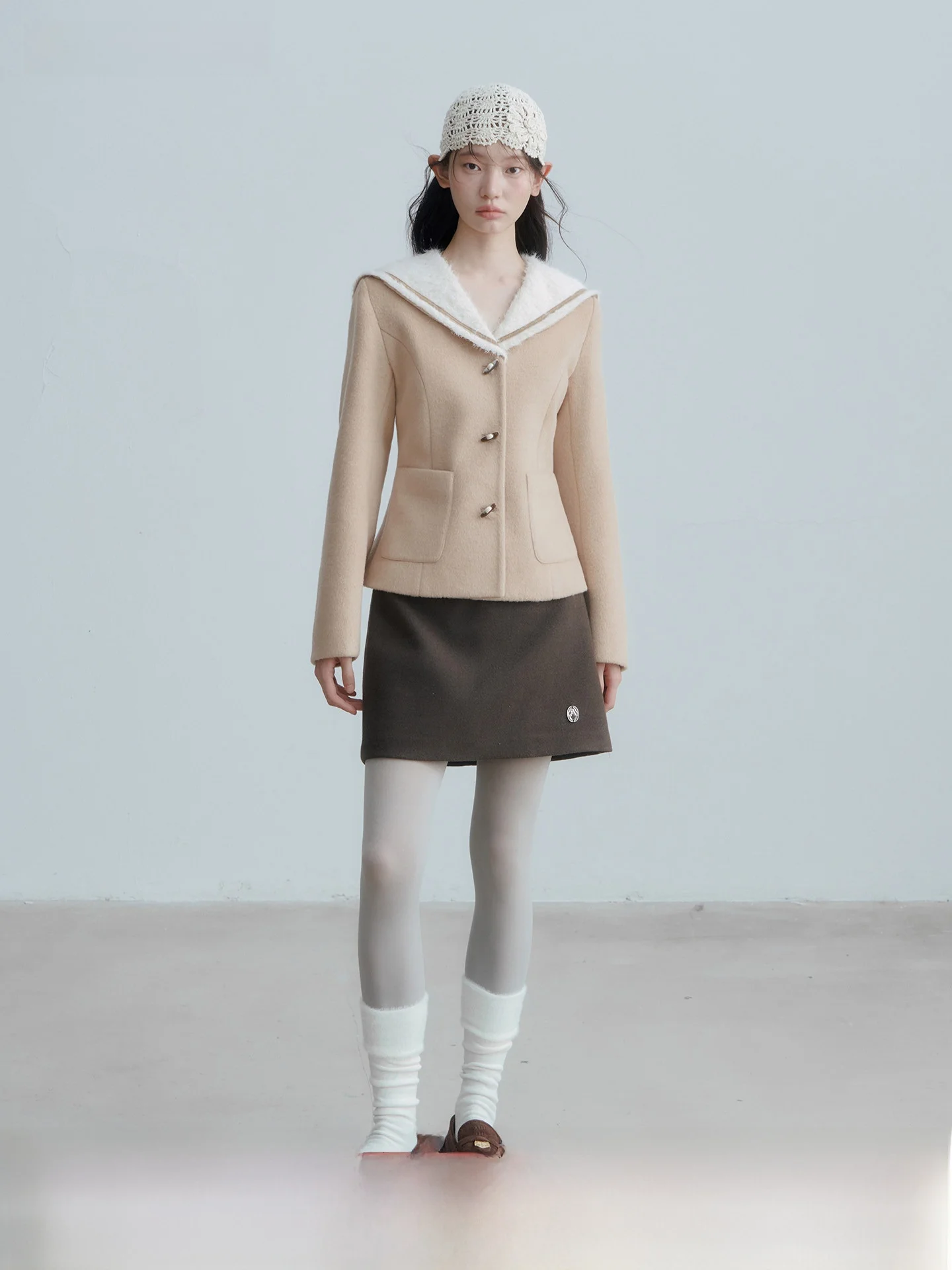 

Женское шерстяное пальто Annatto с темно-синим воротником, приталенное, облегающее, осенне-зимнее, новое, в университетском стиле, цвета хаки