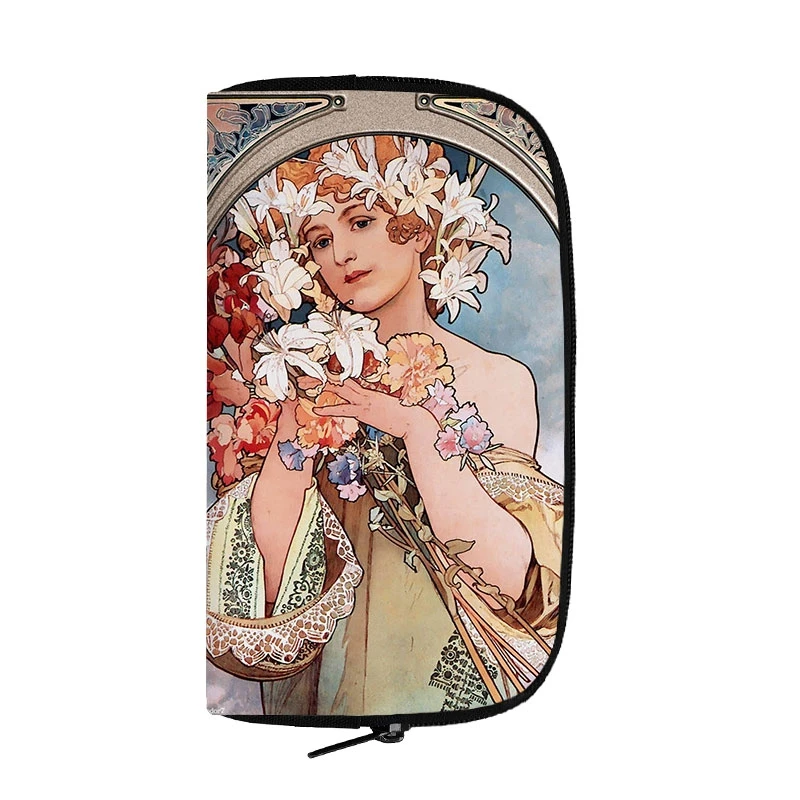 Portefeuille long imprimé par Alphonse Mucha pour femme, sac à main, carte de crédit, écouteur, support pour téléphone, bijoux, peinture à l\'huile