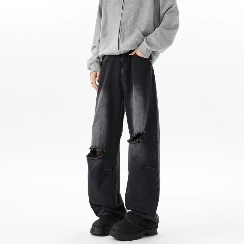 Straight Loose Wide Leg Jeans Mens Washed Classic Trousers Ripped Destroyed Drag Floor Length Bulk Wholesale Trendy Streetwear