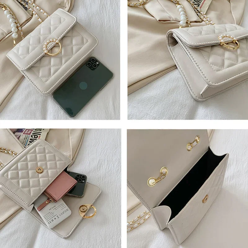 Torby na ramię damskie z perłami moda diamentowa krata Femme crossbody torebka z łańcuszkiem