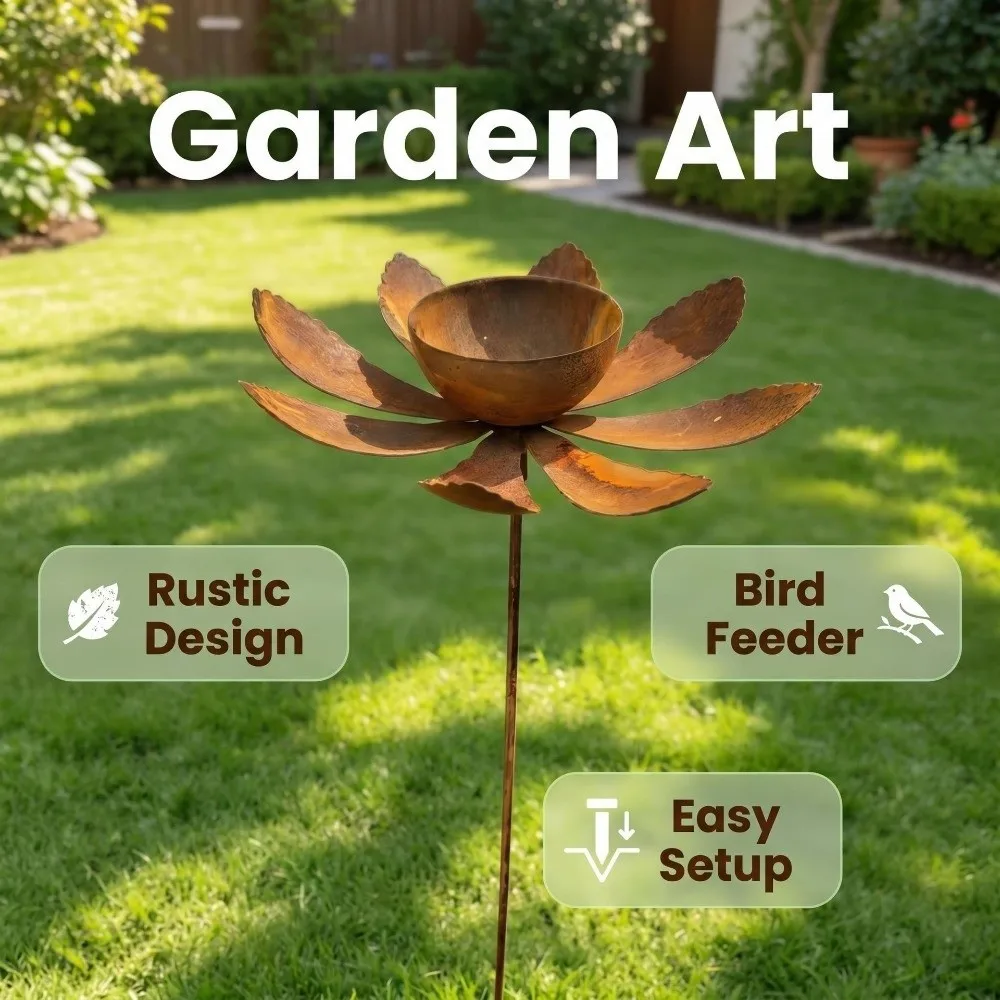 Flower Shape Metal Garden Birdbath Ground Insert Iron Art Bird Feeder Standing Rusty Handmade Butterfly Bath Bowl