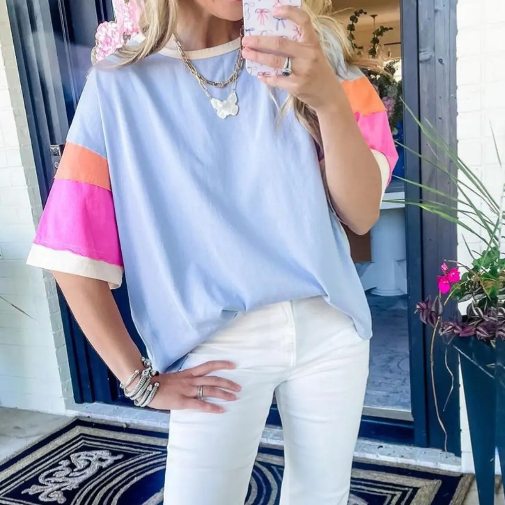 

Women's Summer T-shirt Loose Casual Cotton round Neck Short-Sleeved Color-Matching European And American Style by TK