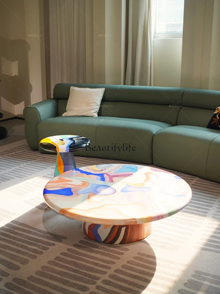 

yj7 Medieval style painted solid wood round coffee table combination high-end coffee table