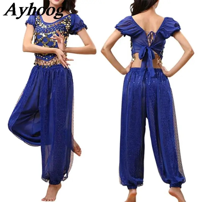 Women Belly Dance Outfit Suit Harem Pants with Lace-up Back Top Bollywood Indian Arabian Dancing Clothes Adult BellyDance Wear