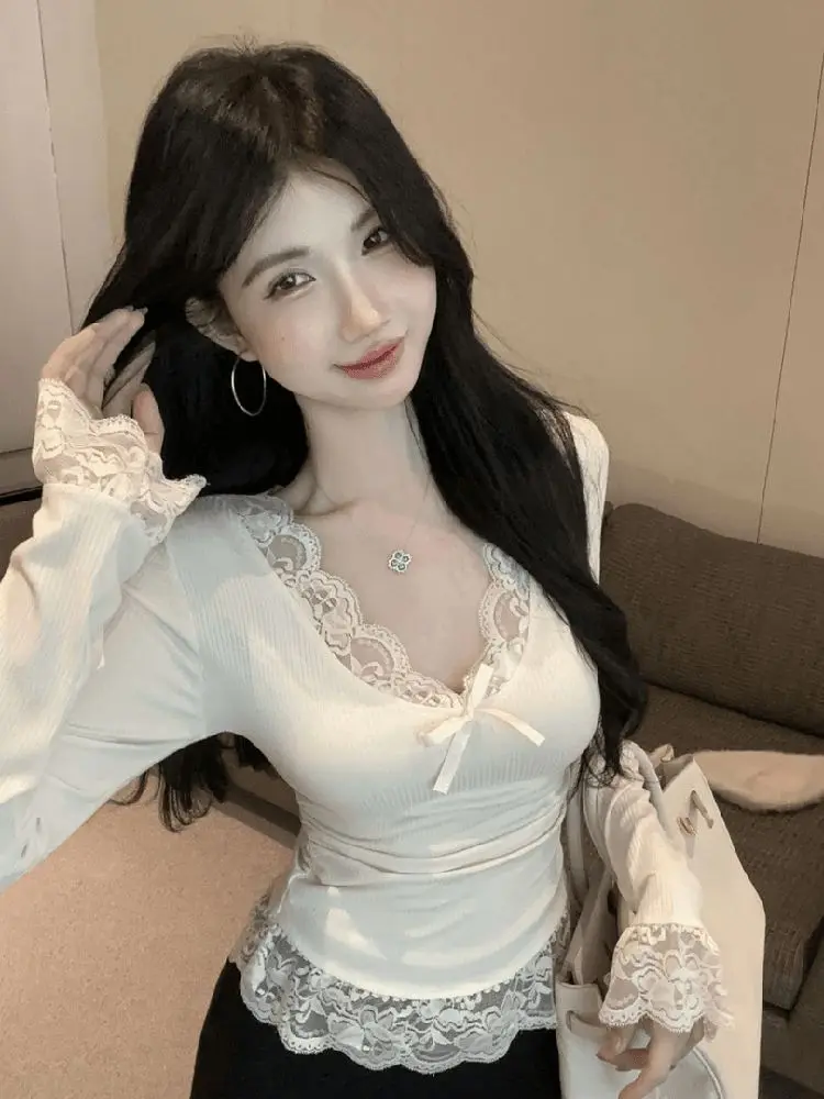 Y2k 의류 여성용 티셔츠 솔리드 화이트 봄 가을 기본 섹시한 여성복 한국 패션 레이스 티셔츠
