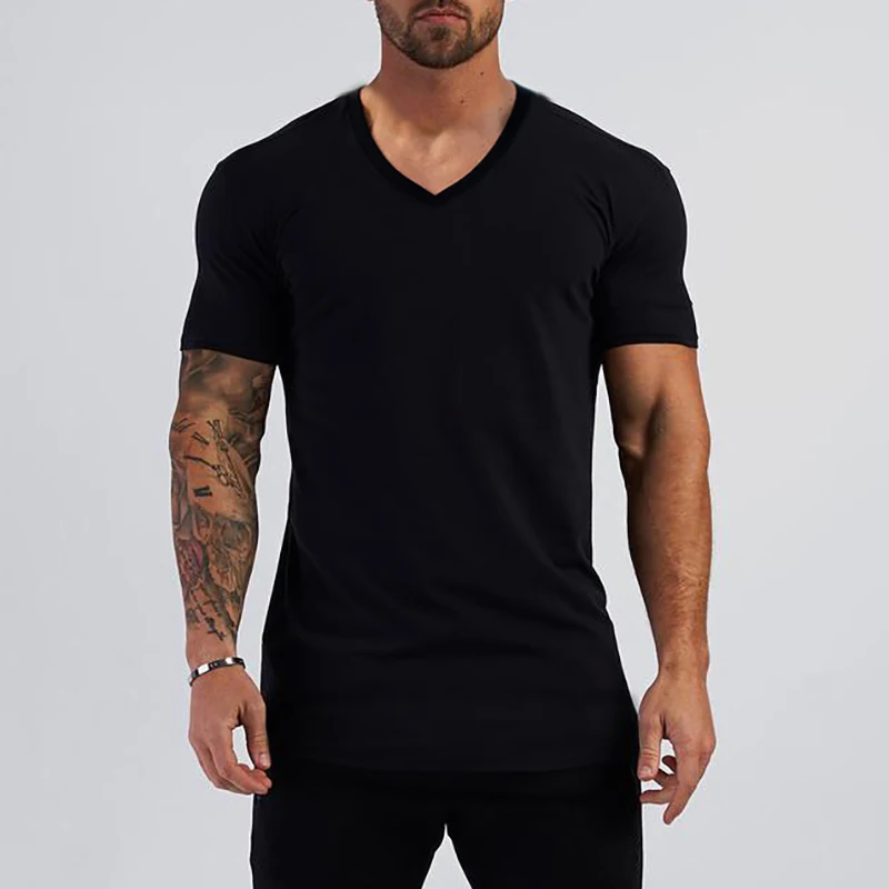 Muscleguys Gym T-shirt Men Summer Clothing Fitness V-Neck Short Sleeve T shirt Cotton Slim Fit Tshirt Bodybuilding Workout Tees