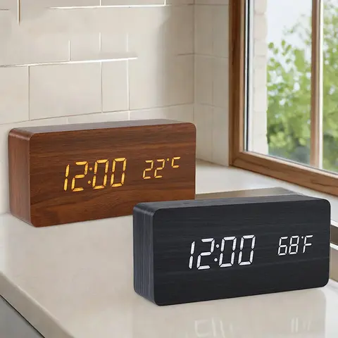 Réveil numérique en bois, horloge LED avec heure, date, température, horloge numérique de bureau, horloge de table LED NZ002