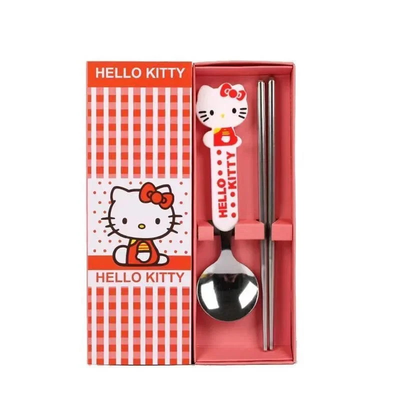 

Sanrio Cute Hello Kittys Spoon Chopsticks Kawaii Cartoon Anime Two Piece Set Student Portable Tableware Toys Gift for Gifts